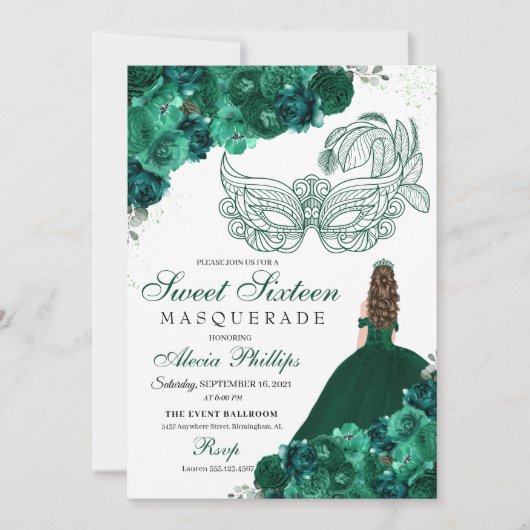 Emerald Green Floral Masquerade Sweet 16 Kaart (Voorkant)