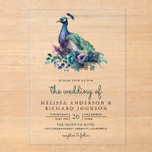 Emerald Green Floral Peacock Wedding Acryl Uitnodigingen (Voorkant)