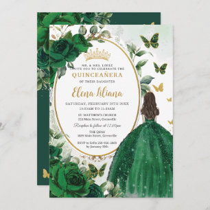 Emerald Green Floral Princess Gold Quinceañera Kaart