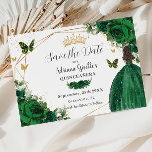 Emerald Green Floral Princess Gold Quinceañera Save The Date