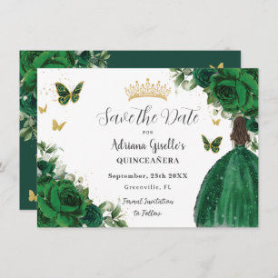Emerald Green Floral Princess Gold Quinceañera Save The Date