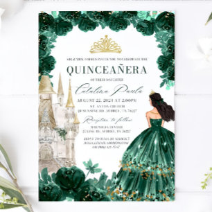 Emerald Green Floral Quinceanera Invitation Castle