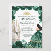 Emerald Green Floral Quinceanera Invitation Castle (Devant)
