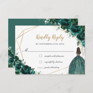 Emerald Green Floral Quinceañera Princess Reply RSVP Kaartje