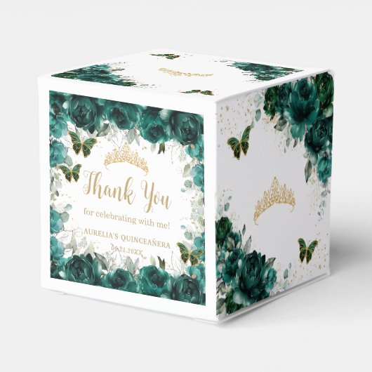 Emerald Green Floral Quinceanera Sweet 16 Mini Bedankdoosjes (Achterkant)