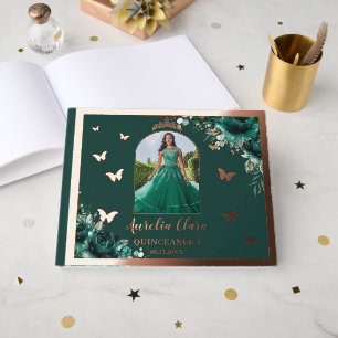 Emerald Green Floral Rose Gold Quinceañera Photo