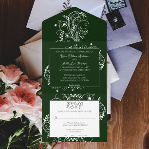 Emerald Green Flourish Wedding All In One Uitnodiging