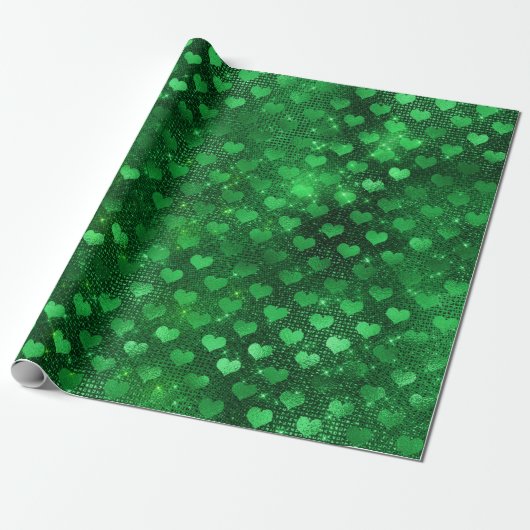 Emerald Green Glam Hearts Pattern Cadeaupapier (Uitgerold)