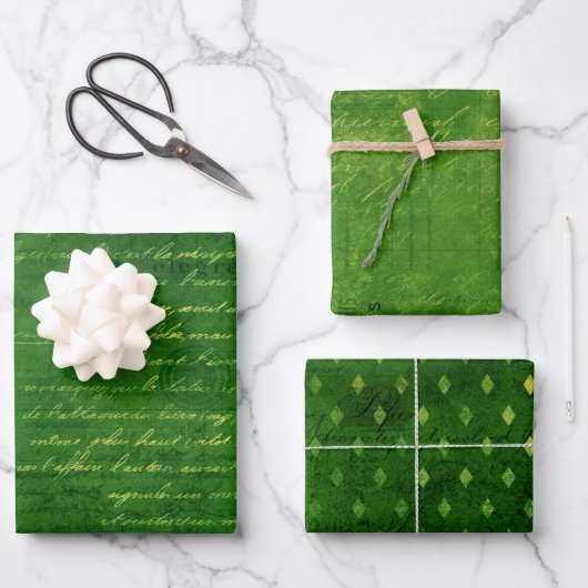 Emerald Green Glimmer Grunge Damask Script Inpakpapier Vel (Voorkant)