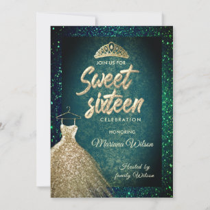 Emerald Green glitter Gold dress tiara Sweet 16 Kaart