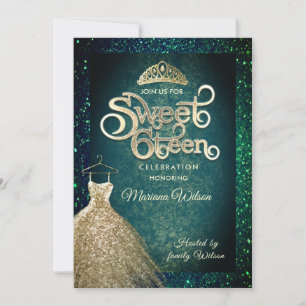 Emerald Green glitter Gold dress tiara Sweet 16 Kaart