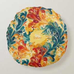 Emerald Green & Gold Abstract Paisley Bladeren (3) Rond Kussen
