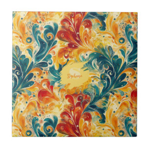 Emerald Green & Gold Abstract Paisley Bladeren (3) Tegeltje