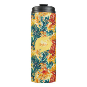 Emerald Green & Gold Abstract Paisley Bladeren (3) Thermosbeker