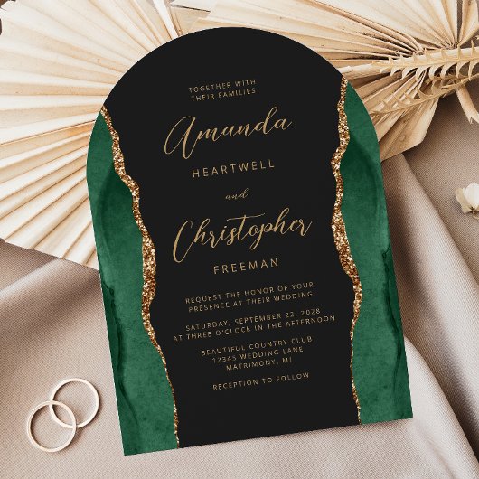 Emerald Green Gold Agaat Script Dark Arch Wedding Kaart