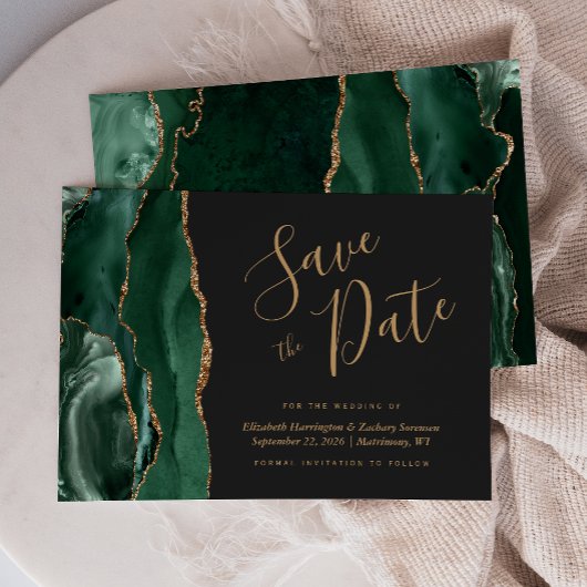 Emerald Green Gold Agate Dark Save the Date Kaart
