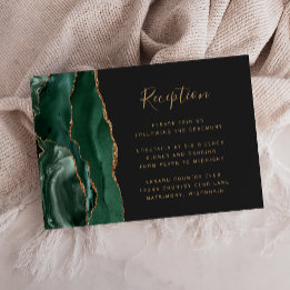 Emerald Green Gold Agate Dark Wedding Reception Informatiekaartje
