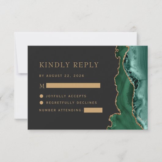 Emerald Green Gold Agate Dark Wedding RSVP Kaartje (Voorkant)