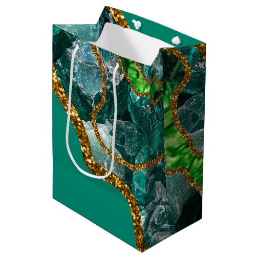 Emerald Green & Gold Agate Geode Glitter Medium Cadeauzakje (Voorkant Gekanteld)