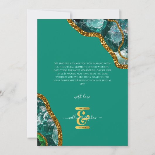 Emerald Green & Gold Agate Geode Glitter Monogram Bedankkaart (Achterkant)