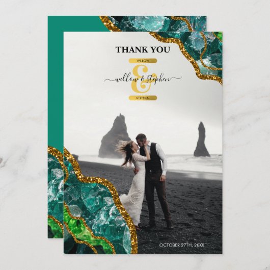 Emerald Green & Gold Agate Geode Glitter Monogram Bedankkaart (Voorkant / Achterkant)