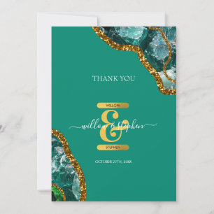 Emerald Green & Gold Agate Geode Glitter Monogram Bedankkaart