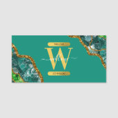 Emerald Green & Gold Agate Geode Glitter Monogram Naamplaatje (Voorkant)