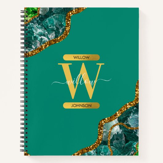 Emerald Green & Gold Agate Geode Glitter Monogram Notitieboek (Voorkant)