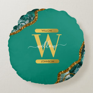 Emerald Green & Gold Agate Geode Glitter Monogram Rond Kussen