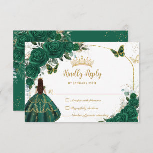 Emerald Green Gold Arch Butterflies Quinceañera RSVP Kaartje