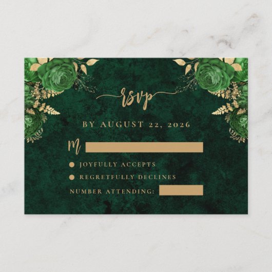 Emerald Green Gold Bloemagaat bruiloft RSVP Informatiekaartje (Voorkant)