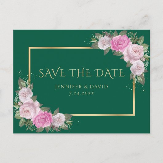 Emerald Green Gold Blush Pink Floral Bewaar de dat Aankondigingskaart (Voorkant)