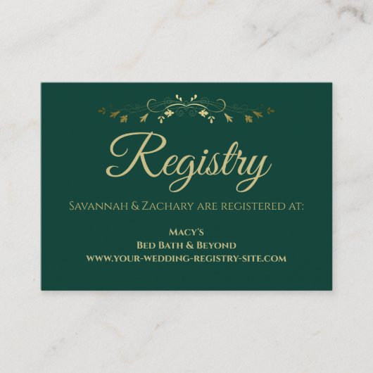 Emerald Green  Gold Border Wedding Registry Informatiekaartje (Voorkant)