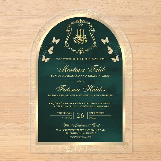 Emerald Green Gold Butterfly Arch Moslim bruiloft Acryl Uitnodigingen (Voorkant)