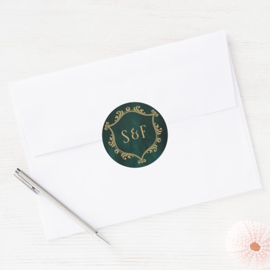 Emerald Green Gold Crest Monogram Envelope Seal Ronde Sticker (Envelop)