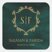 Emerald Green Gold Crest Monogram Wedding Favor Vierkante Sticker (Voorkant)
