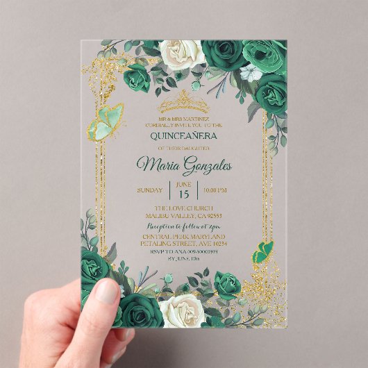 Emerald Green Gold Crown Quinceañera Butterfly Acryl Uitnodigingen (Insitu (Draagbaar))