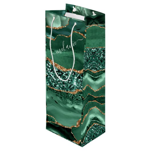 Emerald Green Gold Custom Naam Wijn Gift Bag Wijn Cadeautas (Achterkant Gekanteld)