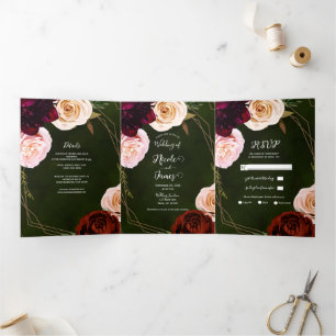 Emerald Green Gold Dark Floral Trifold Wedding Drieluik Uitnodiging