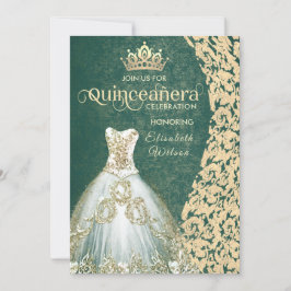 Emerald green gold dress damask tiara Quinceañera Kaart