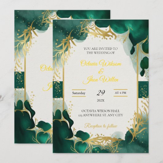 Emerald Green & Gold Elegant Wedding Invitation Kaart (Voorkant / Achterkant)