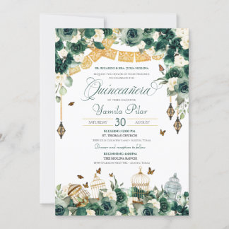 Emerald Green Gold Floral Butterflies Quinceanera Kaart