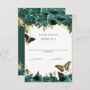 Emerald Green Gold Floral Butterflies Quinceanera RSVP Kaartje
