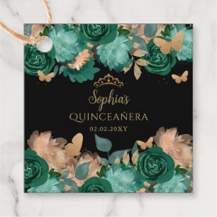 Emerald Green Gold Floral Butterfly Quinceañera Bedankjes Labels