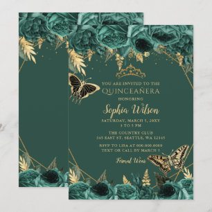 Emerald Green Gold Floral Butterfly Quinceañera Kaart