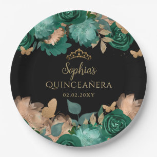 Emerald Green Gold Floral Butterfly Quinceañera Papieren Bordje