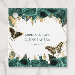 Emerald Green Gold Floral Elegant Quinceanera Bedankjes Labels