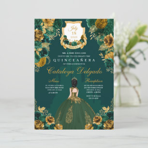Emerald Green & Gold Floral Elegant Quinceañera Kaart