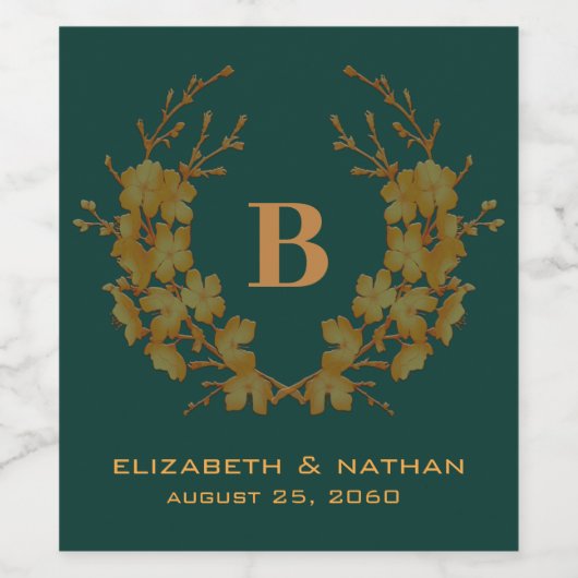 Emerald Green Gold Floral Pattern Monogram Initiaa Wijn Etiket (Enkel label)
