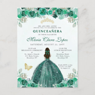 Emerald Green Gold Floral Princess Quinceañera Briefkaart